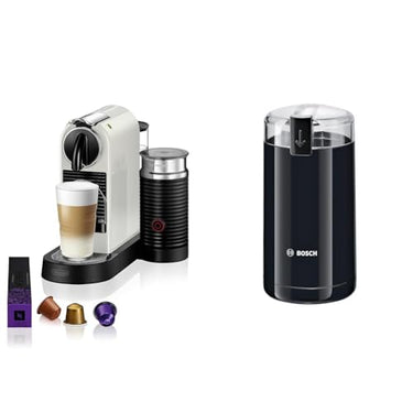 NESPRESSO De'Longhi Citiz EN267.WAE Kaffeekapselmaschine mit Milchaufschäumer, 1710W,1 L, 37.2 x 21.8 x 27.7 cm, Creme-weiß & Bosch Hausgeräte TSM6A013B Kaffeemühle, Schwarz im Sale